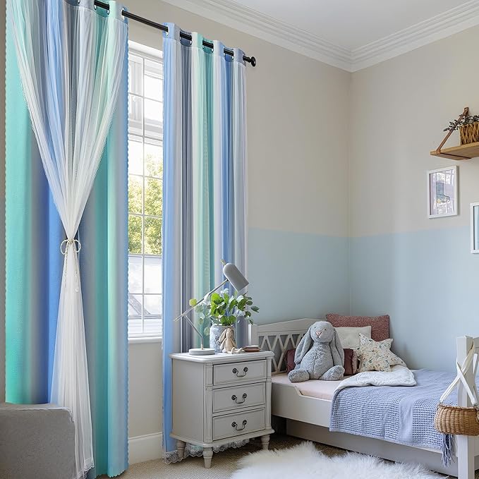 XiDi Blakout Curtains with Sheer Overlay 84 Inches Long for Bedroom 2 Panels Double Layer Rainbow Curtains for Nursery Kid Room Thermal Insulated Room Darkening Grommet Drapes Blue Green Grey 52Wx84L