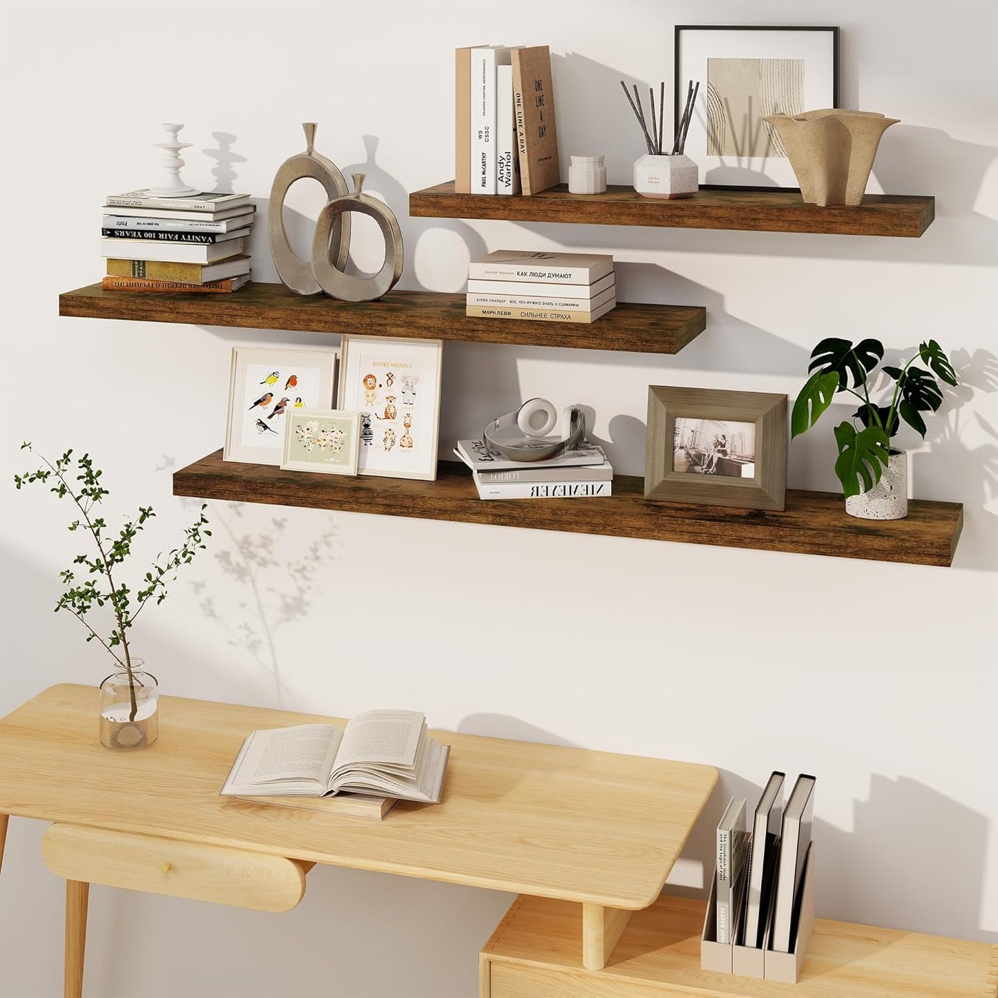 Fun Memories Floating Shelves, 8 Inch Deep Floating Shelves, Rustic Wood Fireplace Mantel 48 in Long, 48 x 8 Floating Wall Shelves for Living Room, Kitchen, Bedroom, Rustic Brown, 1 Pack