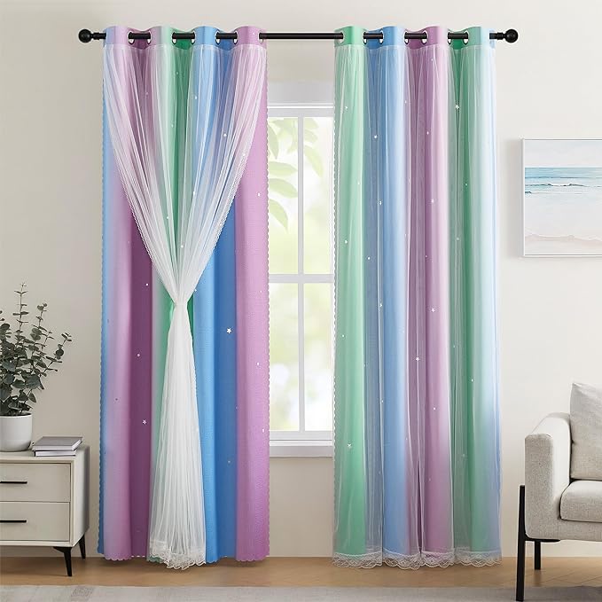 XiDi Green Purple Blue Curtains for Girls Bedroom Decor Kids Blackout Curtains for Nursery Room Darkening Rainbow Princess Unicorn Wall Decals Little Girl 52x54 Inches Long 2 Panels Set