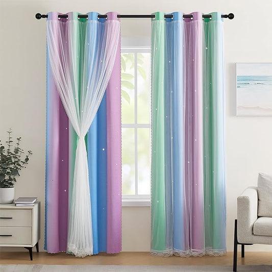 XiDi Blackout Curtains for Girls Bedroom Decor 54 inches Long Window Curtains Colorful Rainbow Design 2 Panel, Kids Room Unicorn Princess Theme Home Decor Ombre Drapes Green Purple Blue W34 X L54