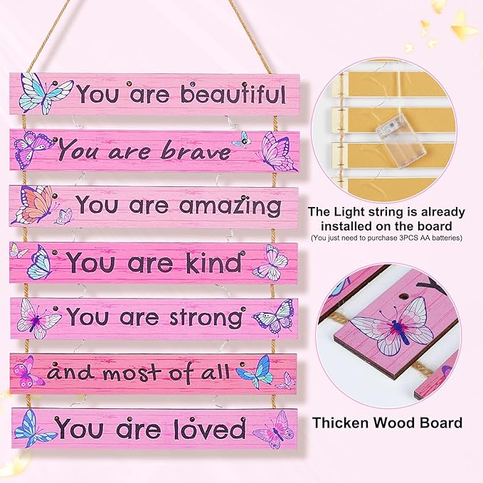 FIOBEE Girls Room Décor for Teen Girls Boys with LED Light Wall Decor for Bedroom Motivational Inspirational Wall Art Girl Room Decoration for Kids Studyroom, 8 Kinds of Lights, Pink Butterfly