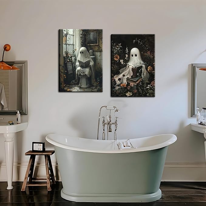 Framed Halloween Cute Ghost Canvas Wall Art Set of 2 - Gothic Bathroom Decor, Ghost Reading Book and Newspaper Wall Decor, Dark College Halloween Aesthetic for Living Room Bedroom 12x16 inch