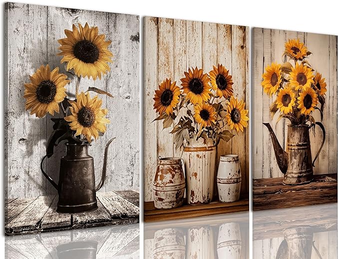 AOYUSMO 3 Piece Sunflower Wall Art Rustic Vintage Floral Canvas Wall Art Flower in Pitcher Pictures Wall Decor Farmhouse Art Prints for Kitchen Living Room Bedroom 16"x24" Framed