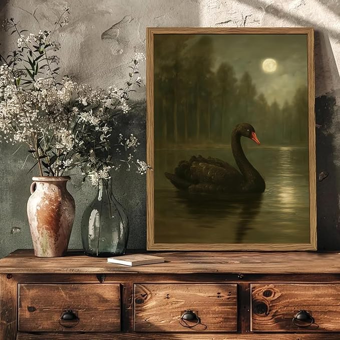 Framed Vintage Moonlit Black Swan Lake Wall Art Moody Gothic Pictures Wall Decor Paintings Artwork Animal Canvas Prints for Living Room Bedroom Dining Room Offices 16x24 inch