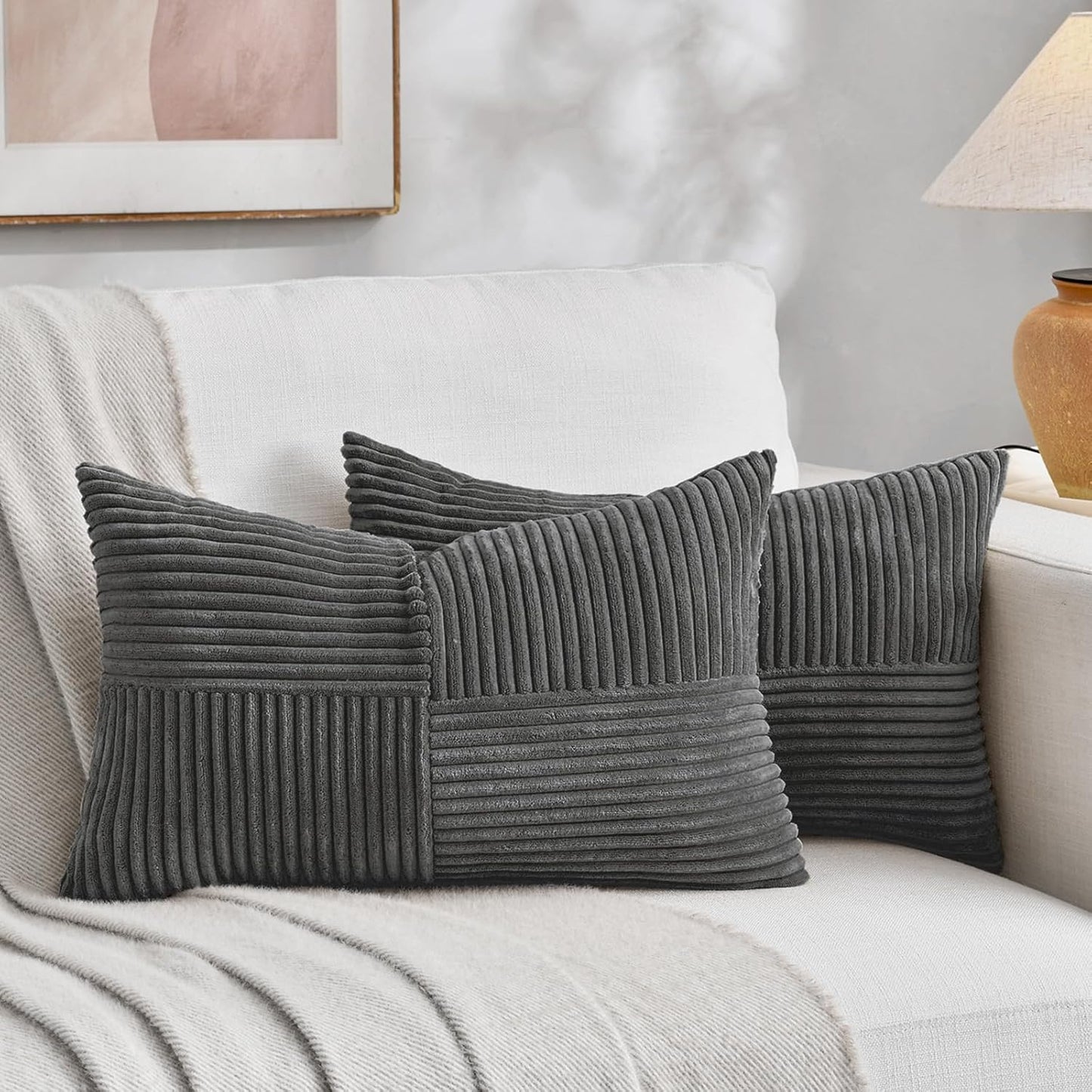 Fancy Homi 2 Packs Dark Gray Long Lumbar Decorative Throw Pillow Covers 16x24 Inch for Couch Bed Sofa, Rustic Farmhouse Boho Home Decor, Soft Striped Corduroy Rectangle Accent Cushion Case 40x60 cm