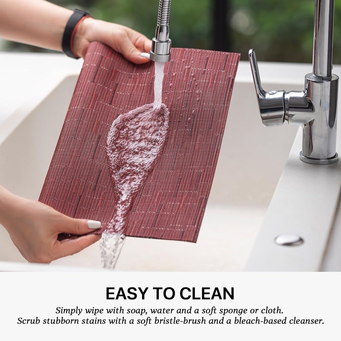 LEXMORE Placemats Set of 4 Vinyl/Plastic Woven Place Mats for Kitchen Table Indoor/Outdoor Washable Placemat Wipeable Dining Table Mats(Burgundy)