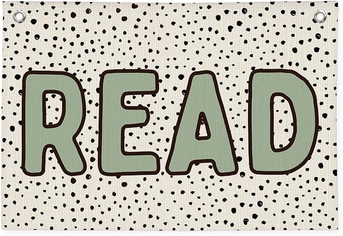 Classroom Decor, Sage Green Read Sign Banner, Dots Linen Canvas Wall Hanging Banner Flag Decor for Reading Corner Nook
