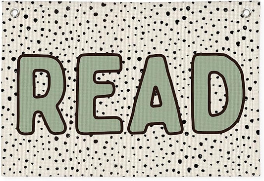 Classroom Decor, Sage Green Read Sign Banner, Dots Linen Canvas Wall Hanging Banner Flag Decor for Reading Corner Nook