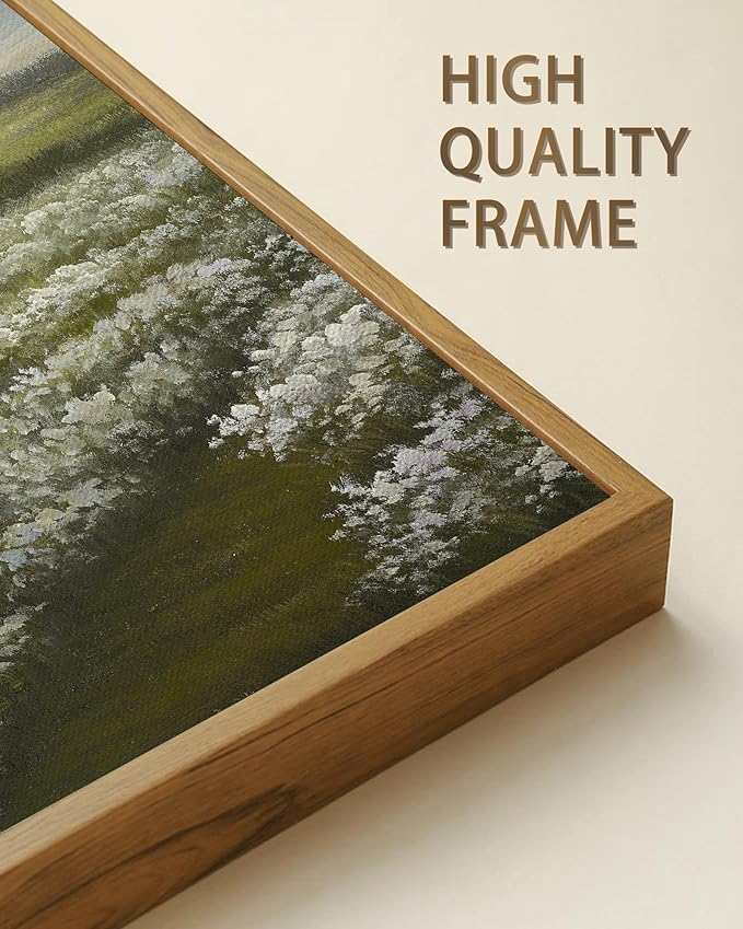 SHENIFY Vintage Landscape Framed Wall Art Meadow with Flowers Scenery Farmhouse Decor Rustic Retro Grassland Wildflower Field Painting for Kitchen Bedroom Bathroom - 11x14in Natural Framed