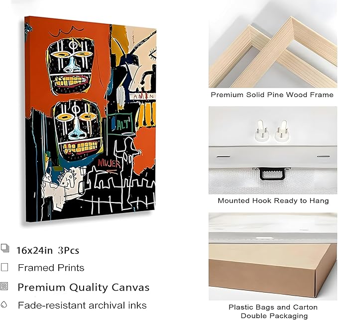 Framed 3pcs Modern Colorful Graffiti Wall Art Street Canvas Prints Posters Modern Abstract Paintings Wall Decor for Urban Home Living Room Bedroom Bathroom Office Home Decoration