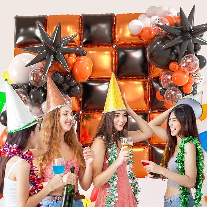 25pcs Black and Orange Foil Square Balloon Backdrop Wall &149pcs Black Orange White Balloons Arch, Double Sided Balloon Tunnel for Graduation, Birthday, Halloween Party Decor