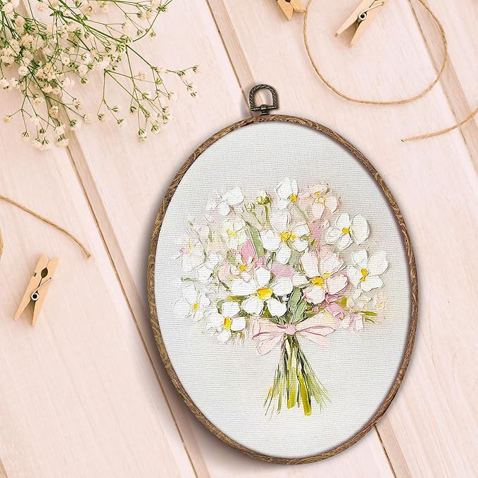 Coquette Pink Bow Floral Bouquet Oval Wall Art Framed, White Floral Oval Wall Decor, Vintage Flower Hanging Canvas Prints Wall Sculptures for Home Bedroom Living Room Decor, 8.5x11.5 Inch