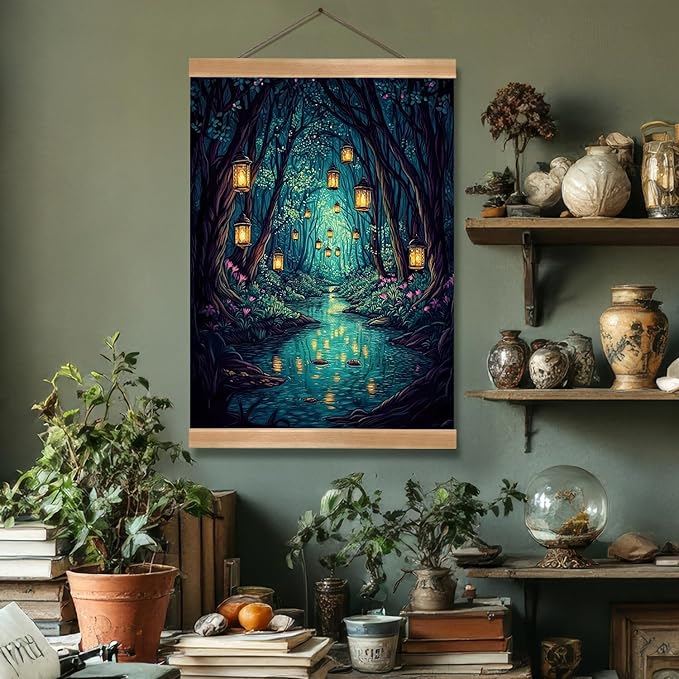 Fantasy Forest Canvas Wall Art Decor,Magic Forest Scene Poster,Enchanting Whimsical Art Print for Magic Lovers, Fairy Wonderland Dark Night Fireflies River Poster for Bedrooms&Living Rooms (Fantasy)