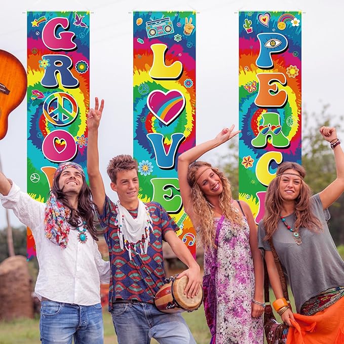 3 Pieces 60s Party Decorations Groovy Love Peace Banners Hippie Porch Signs 1960s Hanging Wall Decor for Retro 60s Theme Party Scene Setters Photography Backdrop Decorations Supplies