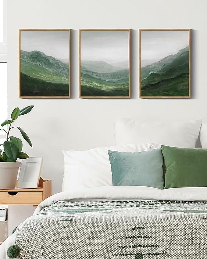 SHENIFY Fog Pine Green Tree Forest Canvas Wall Art 11x14in Framed Nordic Nature Modern Mountain Artwork Prints Decor - Natural Framed