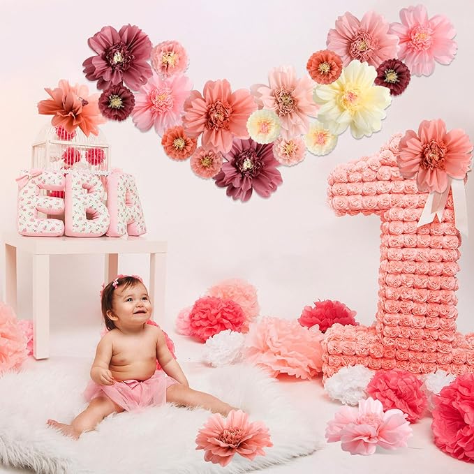 TaoBary Large Colorful Tissue Paper Flowers Giant Fiesta Paper Pom Poms Mexican Birthday Decorations for Wall Wedding Backdrop Centerpiece Party Supplies(20" and 10",Rose Gold, Blush Pink,36 Pcs)