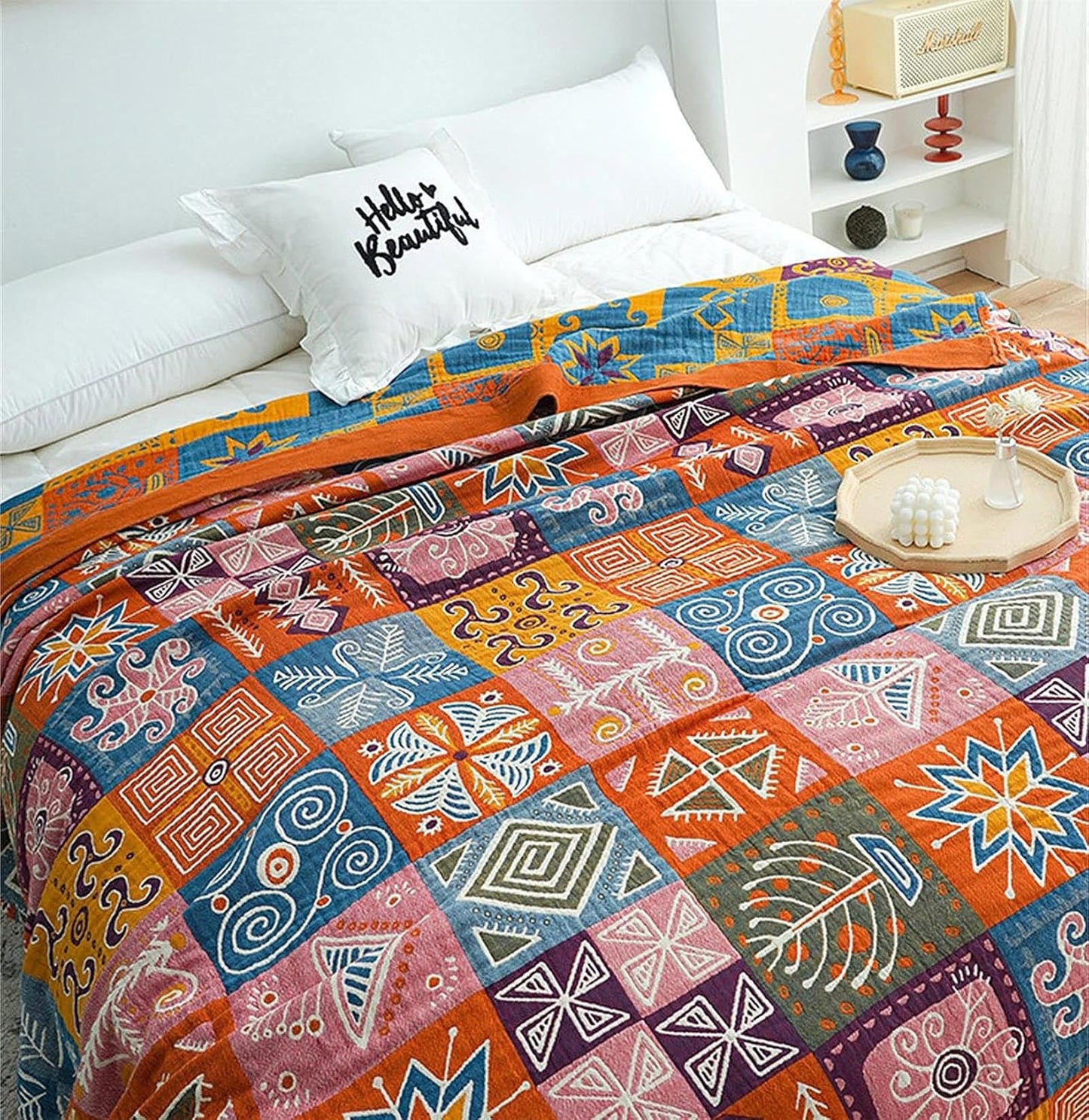 Cotton Throw Boho Blanket for Couch Bed,Cotton Quilted Boho 80''x90'' Muslin Blankets Travel Mexican Super Soft Blanket