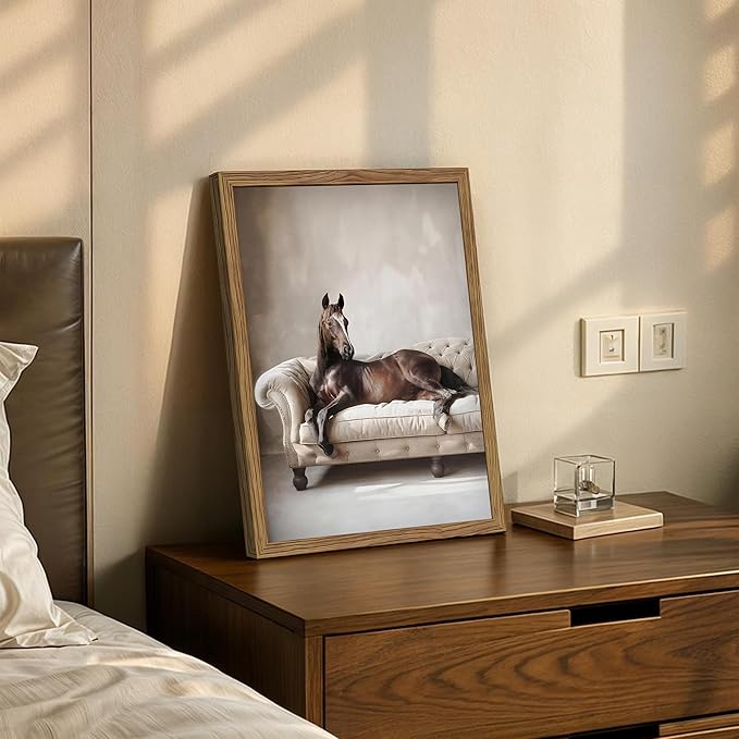 Framed Funny Horse Wall Art, Vintage Brown Horse Laying on Sofa Canvas, Modern Farmhouse Western Wall Decor, Grace Animal Pictures Prints for Living Room Bedroom Office Dorm 12x16 inch