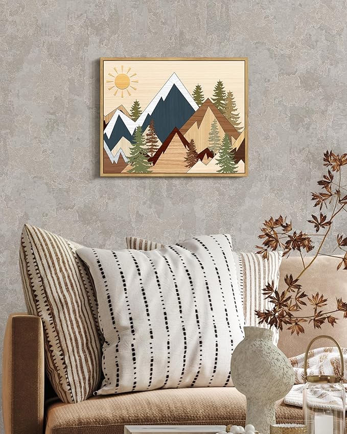 SHENIFY Mountain Framed Wall Art Country Woodcut Style Decor Forest Nature Wilderness Painting Rustic Farmhouse Landscape Artwork - 8x10in Natural Framed