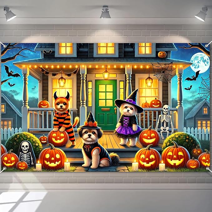 Halloween Dog Backdrop Banner Spooky Puppy Costume with Pumpkins Skeleton Witch Porch Decoration Party Photo Booth Background Scene 71×43 Inch
