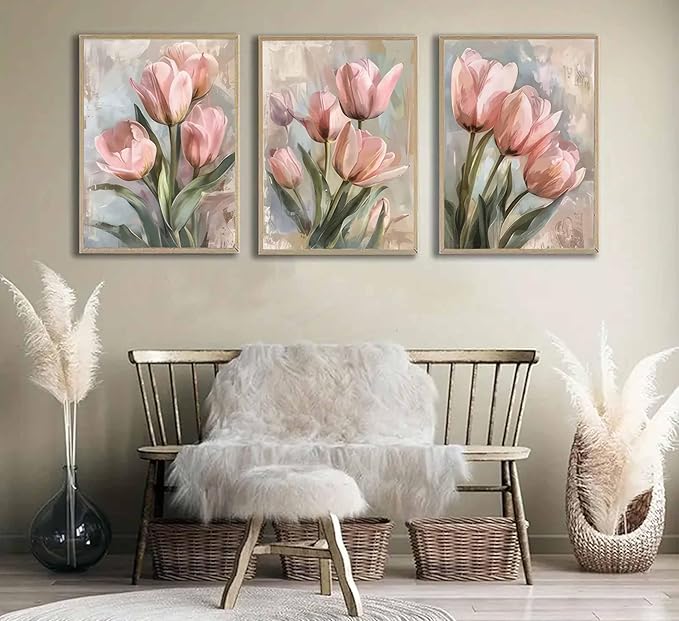 3 Pcs Vintage Pink Tulips Flowers Canvas Wall Art Retro Spring Pink and Green Floral Botanical Paintings Pictures Wall Decor Poster Print Artwork for Living Room Bedroom Home Decoration Unframed