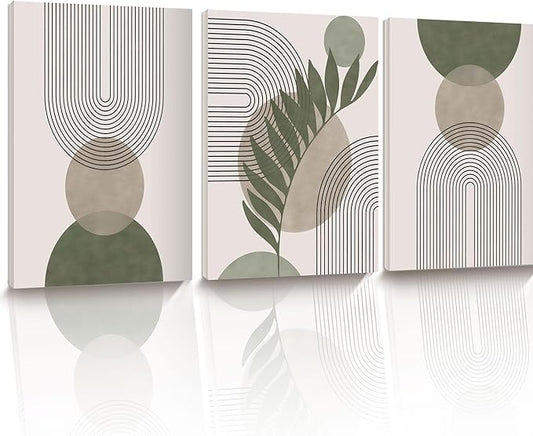 HesenDot 40x60CM Sage Green Boho Wall Art, Botanical Geometric Framed Canvas Bathroom Wall Art, Mid-Century Modern Wood Frame Abstract Prints for Living Room Bedroom Bathroom Home Decor, Set of 3