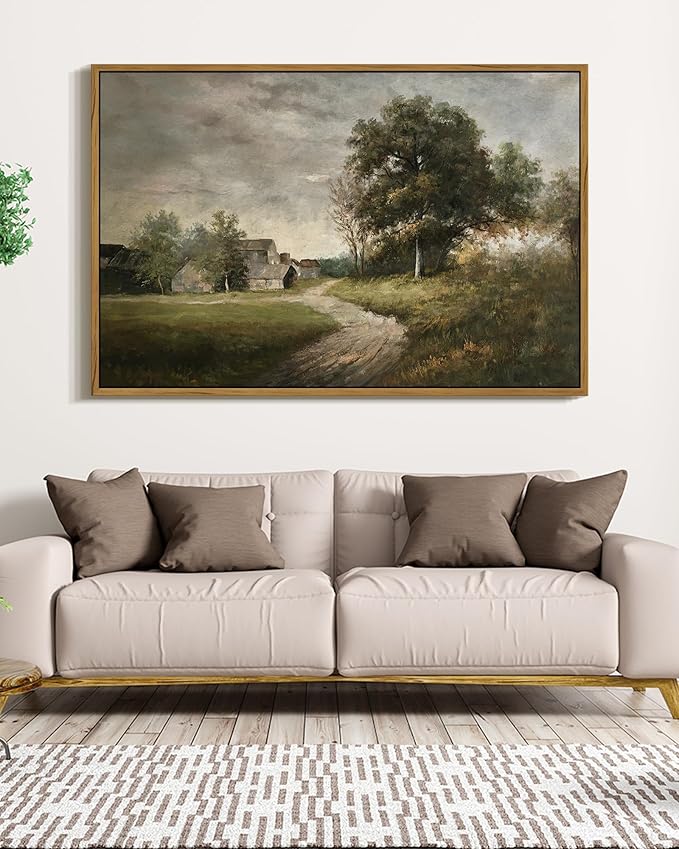 SHENIFY Vintage Landscape Framed Wall Art Rustic Cottage Countryside Farmhouse Decor Retro Painting for Hallway Living Room Bedroom Dining Room - 24x36in Natural Framed