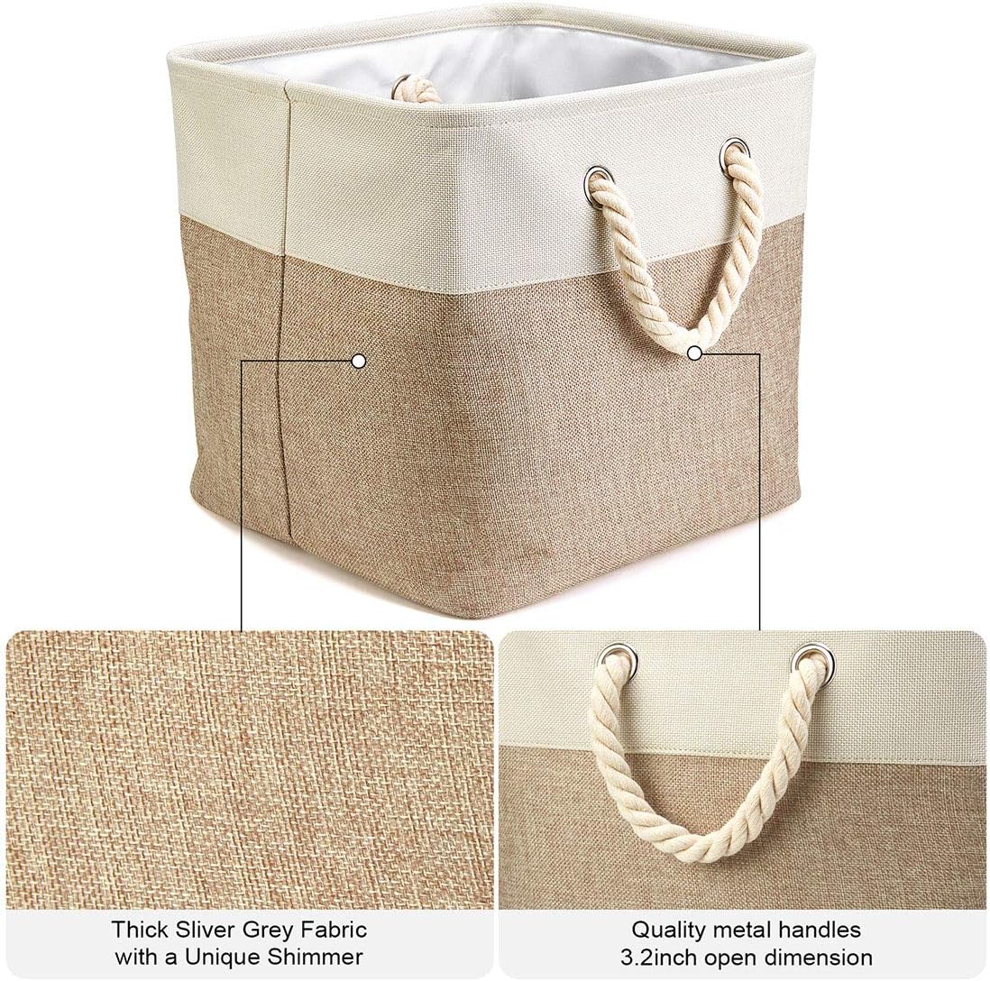 i BKGOO 3Pack Large Foldable Storage Bins，Collapsible Sturdy Cationic Fabric Organizing Storage Basket Cube with Cotton Handles for Home Office Shelf Clothes Toys White-Khaki 13×13×13 inch