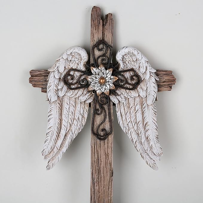 BC Home Decor Angel Wings Crosses Wall Décor, Rustic Decor Style, Decoration Gifts for Women, 12 inches H,Hand Painted by Buildclassic