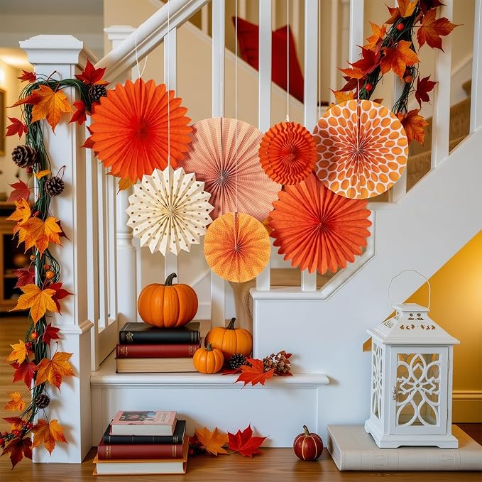 SUNBEAUTY Pack of 7 Hanging Paper Fans Collection Orange Paper Fans Home Party Photo Backdrop Decorations