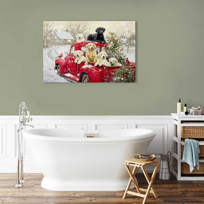 Vintage Red Truck Wall Art Christmas Tree Wall Decor Cute Farmhouse Puppy Pictures Retro Winter Christmas Scenic Poster Rustic Snow Country Artwork for Kitchen Dining Room Home Decorations 24x36"