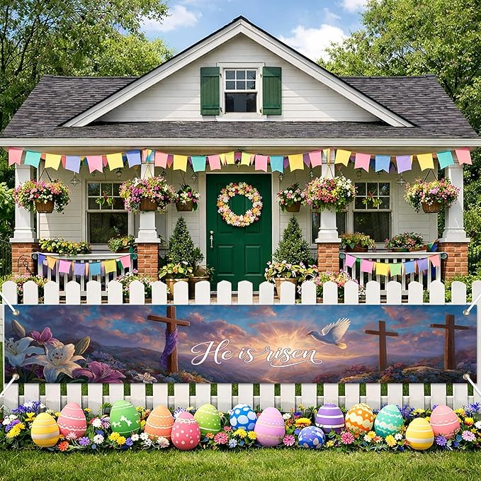 He Is Risen Easter Banner Resurrection Cross Sunrise Spring Christian Decor 118×20 inch Religious Faith Banner for Church Yard Fence Door Wall Indoor Outdoor Display