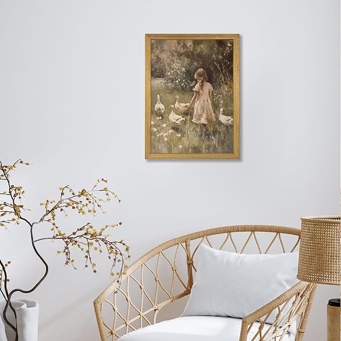 Wood Framed Canvas Wall Art, Vintage Girl with Ducks Painting Poster, Countryside Pastoral Landscape Print Picture, Rustic Farmhouse Wall Decor for Living Room Bedroom Nursery 16x24 inch
