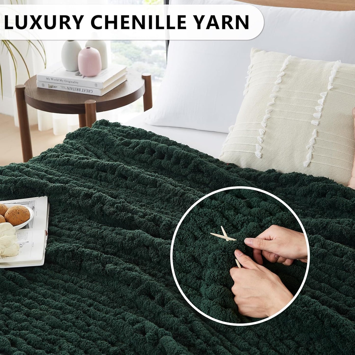 L'AGRATY Chunky Knit Blanket Throw: 80''x90'' Chenille Chunky Knitted Throw Blanket for Bed Couch - Handmade Thick Big Cable Knit Blanket - Large Chunky Crochet Rope Blanket for Home Decor(Green)