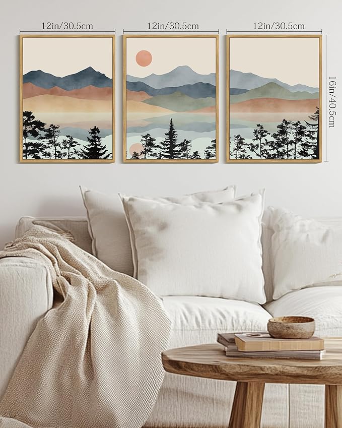 Drsoum Mountain Range Landscape Wall Art Framed Ink Wash Watercolor Nature Wall Decor Laker Sun Rises Prints Bedroom Living Room Ready to Hang 12x16in Natural Framed
