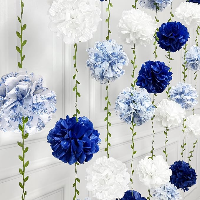 Blue and White Floral Royal Blue Tissue Flowers Pom Pom with Sage Green Leaf Ribbon Hanging Streamer Garland for Birthday Baby Shower Wedding Engagement Chinoiserie Theme Party Decorations Supplies