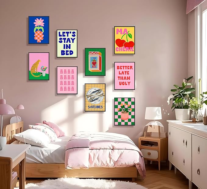 JWDXNOOK 9pcs Colorful Eclectic Wall Art Fashion College Room Aesthetic Posters Wall Decor Vintage Simple Canvas Paintings Prints Suitable for Teen Girls Dormitory Wall Decoration Unframed