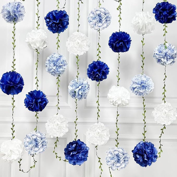 Blue and White Floral Royal Blue Tissue Flowers Pom Pom with Sage Green Leaf Ribbon Hanging Streamer Garland for Birthday Baby Shower Wedding Engagement Chinoiserie Theme Party Decorations Supplies