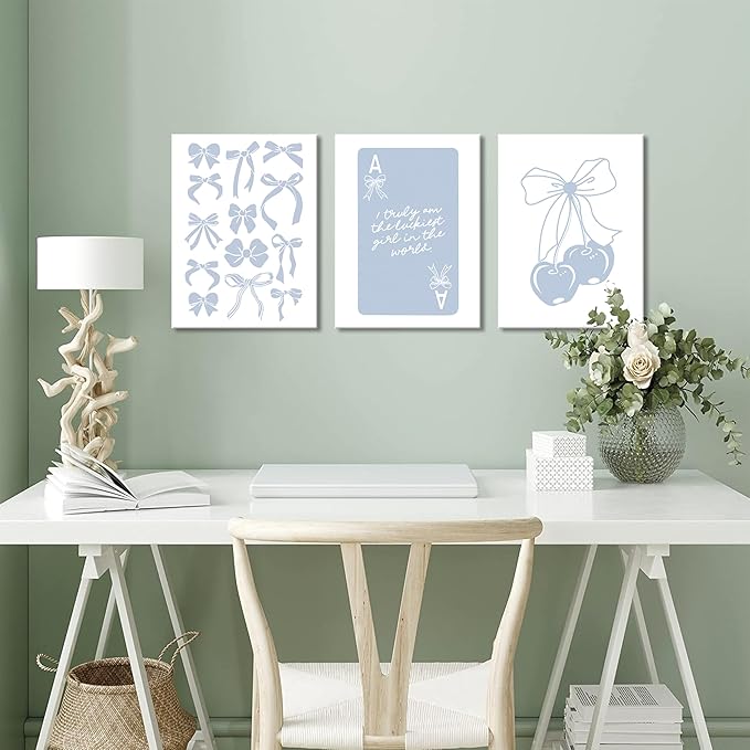 Trendy Preppy Canvas Wall Art Set of 3, Light Blue Bow Picture Wall Decor Paintings, Poker Lucky Coquette Room Posters Prints for Dorm College Apartment Bedroom 12x16In Framed