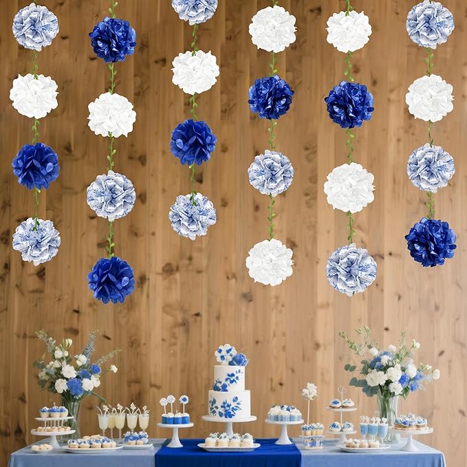 Blue and White Floral Royal Blue Tissue Flowers Pom Pom with Sage Green Leaf Ribbon Hanging Streamer Garland for Birthday Baby Shower Wedding Engagement Chinoiserie Theme Party Decorations Supplies