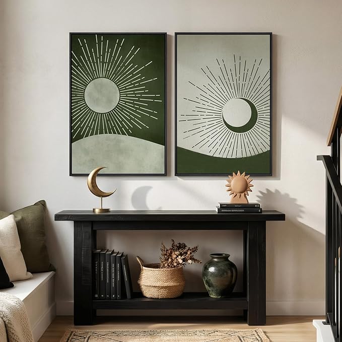 Framed Green Boho Abstract Wall Art Set of 2 for Living Room, Sun and Moon Mid Century Modern Canvas Artwork for Walls, Minimalist Sunburst Bohemian Print Wall Decor for Bedroom Home Office, 24x36 In