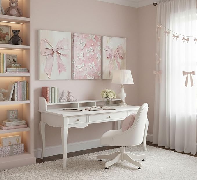 3Pcs Trendy Pink Bow Canvas Wall Art Vintage Cute Preppy Watercolor Bow Painting Pictures Wall Decor Posters Prints Girly Aesthetic for College Apartment Bedroom Decoration