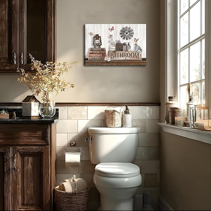 Farmhouse Bathroom Wall Art Rustic Cotton Flower Butterfly Painting Country Bathroom Picture Wall Decor Modern Country Relax Sign Prints Rustic Farmhouse Inspirational Print Artwork Home Decor 12x16"