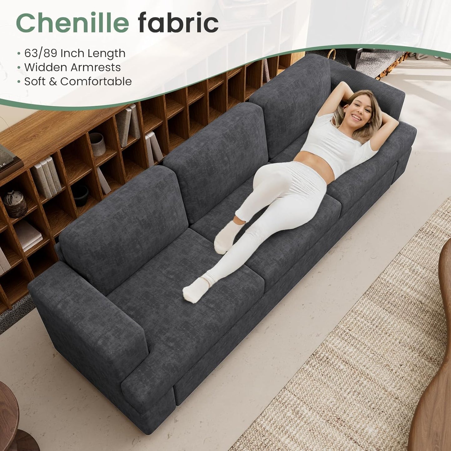 Sofa, 63” Comfy Loveseat Sofa with Deep Seats, Couch for Living Room, Modern Sleeper Couch, Dark Grey Chenille