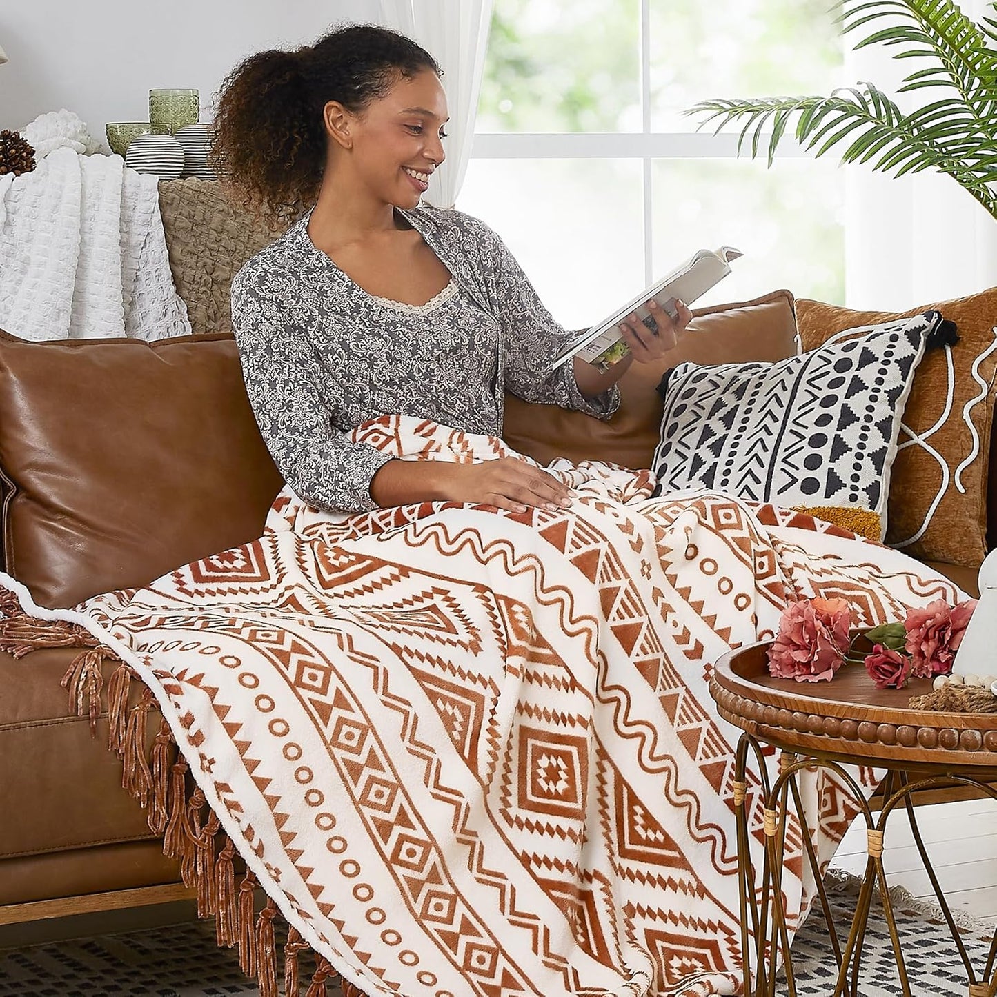 CASAAGUSTO Boho Throw Blanket - Terrcotta Decorative Blankets with Tassel, Printed Flannel Bohemian Blanket for Chair, Bed, Sofa, Couch(50 * 60, Terrcotta)