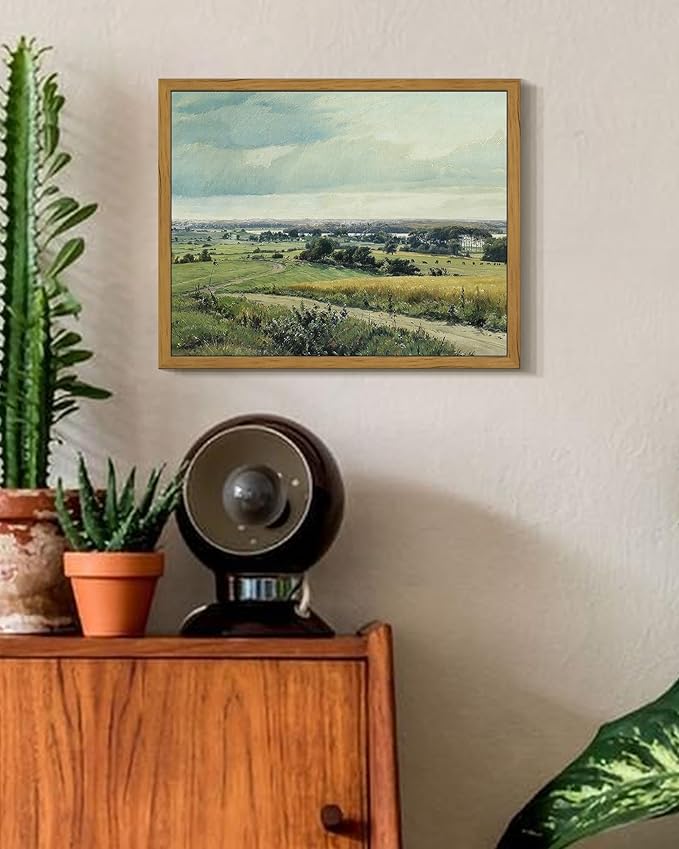 SHENIFY Vintage Landscape Framed Wall Art Rustic Countryside Meadow Farmhouse Decor Retro Grassland Painting for Kitchen Living Room Bedroom Bathroom - 8x10in Natural Framed