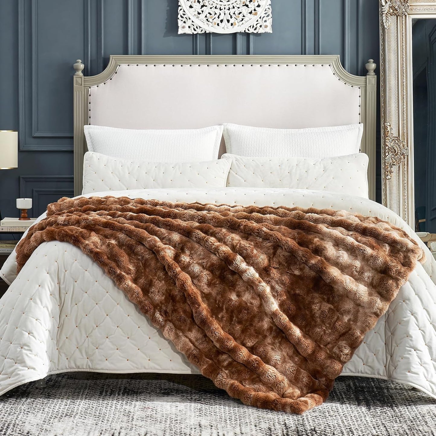 Cozy Bliss Faux Fur Throw Blanket for Couch, Fuzzy Soft Plush Thick Bubble Blanket for Sofa Bedroom Living Room, 50 * 60 Inches Tie Dye Brown
