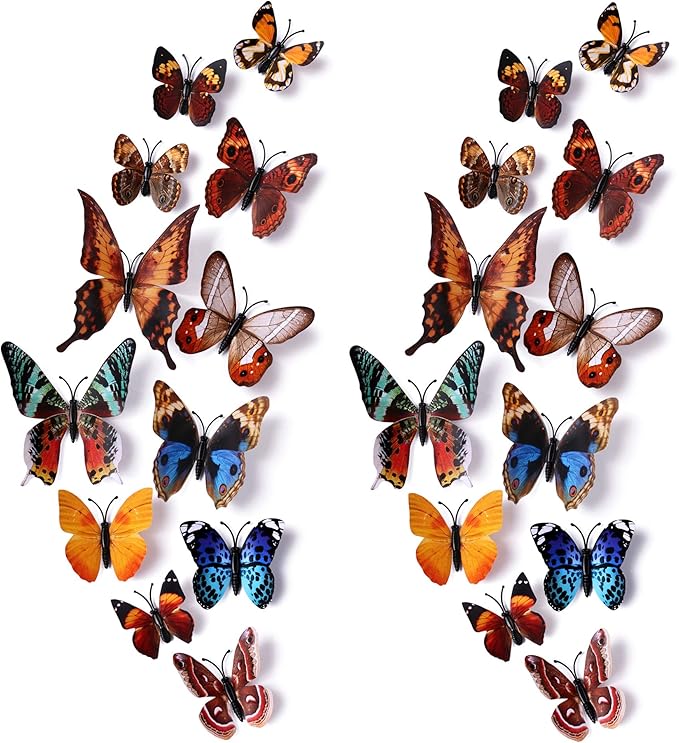 24pcs 3D Vivid Special Man-Made Lively Butterfly Wall Stickers Removable Butterflies Wall Decals 3D Nursery Art Decor for Kids Girls Bedroom Living Room Classroom Party Decoration Brown