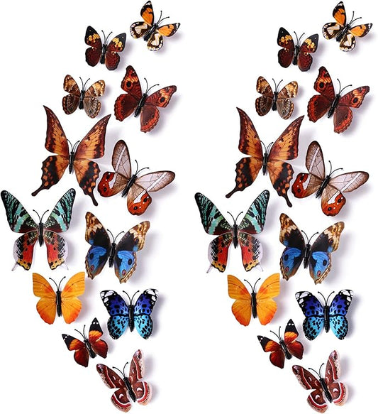 24pcs 3D Vivid Special Man-Made Lively Butterfly Wall Stickers Removable Butterflies Wall Decals 3D Nursery Art Decor for Kids Girls Bedroom Living Room Classroom Party Decoration Brown