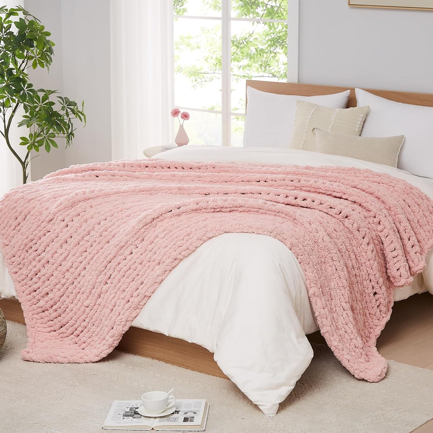 L'AGRATY Chunky Knit Blanket Throw - Soft Chenille Yarn Throw Blanket 40x50： Handmade Thick Cable Knit Crochet Blanke - Large Knit Blanket Chunky Rope Knot Throw Blanket for Couch Sofa Bed Home Decor